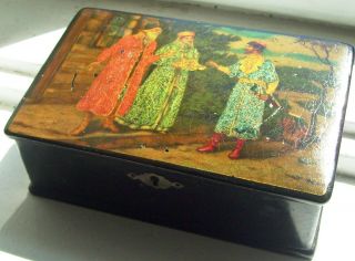 Unique Antique Imperial Russia Wooden Hand Painted Box With Enamel Paints