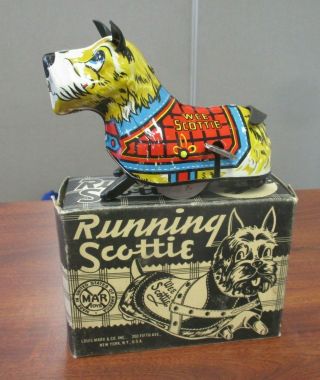 Vintage Marx Running Scottie Wee Scottie Wind Up Tin Litho Dog Toy W/orig Box