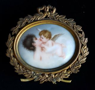 Gilt Bronze Framed Oval Porcelain Plaque Sgnd Wagner,  Cupid 