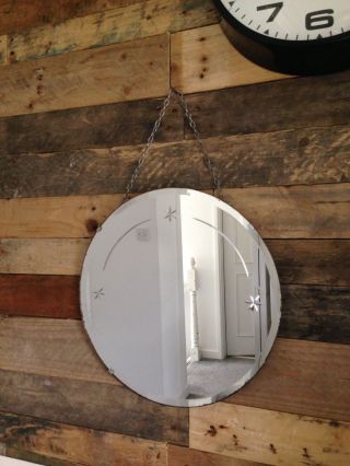 FABULOUS 1930 ' S ART DECO ROUND BEVELLED EDGE MIRROR WITH ETCHED STAR DESIGN 8
