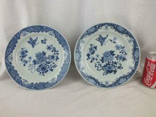 18th C Chinese Porcelain Blue And White Floral Butterflies Plates