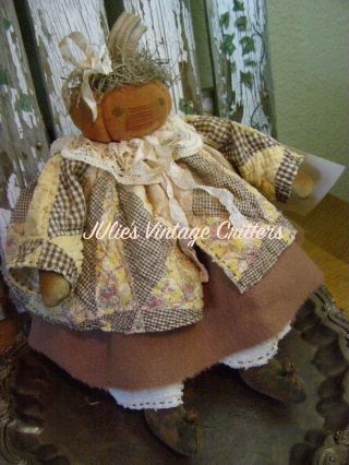 Primiitve Fall Pumpkin Doll,  Antique Quilt,  Wool,  Folk Art Harvest Pumpkin Doll