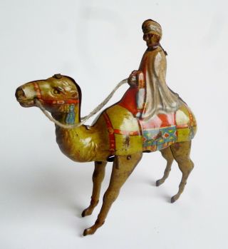 Vintage Tin Litho Wind Up Wiseman On A Camel Made In Germany U.  S.  Zone Rare