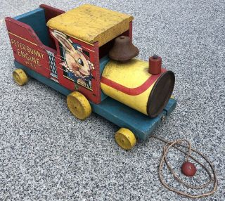 RARE 1941 Vintage Fisher Price Peter Bunny Train Engine Pull Toy W/String 70,  Yr 3