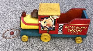 RARE 1941 Vintage Fisher Price Peter Bunny Train Engine Pull Toy W/String 70,  Yr 4