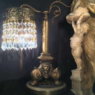 Fine Antique French Gilt Bronze Empire Revival Lion Lamp W/ Crystals C.  1915