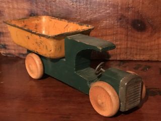 Antique Primitive Wood & Metal Tin Painted Green Toy Dump Truck Aafa