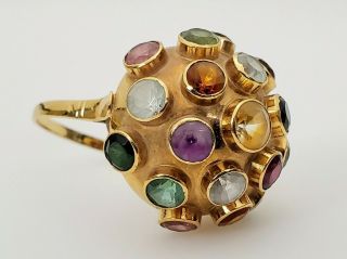 VINTAGE 50 ' s MODERNIST 18K GOLD MULTI - GEMSTONE SPUTNIK DOMED RING - Lrg Sz 12.  25 2