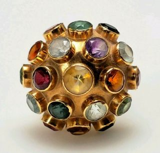 VINTAGE 50 ' s MODERNIST 18K GOLD MULTI - GEMSTONE SPUTNIK DOMED RING - Lrg Sz 12.  25 3