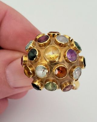 VINTAGE 50 ' s MODERNIST 18K GOLD MULTI - GEMSTONE SPUTNIK DOMED RING - Lrg Sz 12.  25 4