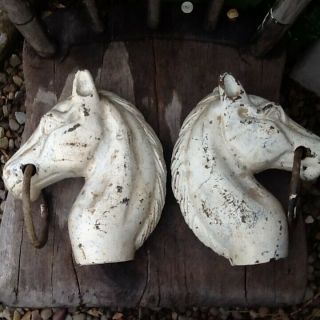 Antique Primitive Cast Iron Pair Horse Head Hitching Posts White Paint