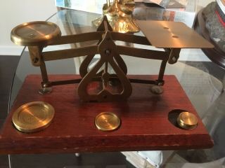 Vintage Brass Made In England Postal Weight Or Transaction Scale W/3 Weights