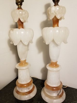 Pair Alabaster Lamps Carved Italian Art Deco Hollywood Regency