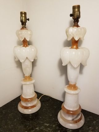 Pair Alabaster Lamps Carved Italian Art Deco Hollywood Regency 2
