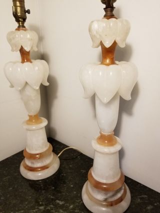 Pair Alabaster Lamps Carved Italian Art Deco Hollywood Regency 3