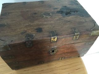Characterful Asian Indian Antique Wood Chest Campaign Brass Trim 19th century 4