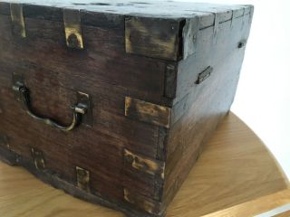 Characterful Asian Indian Antique Wood Chest Campaign Brass Trim 19th century 9