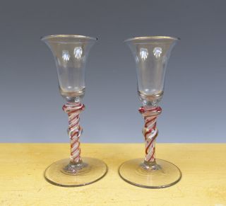 Antique Dutch/english Wine - Glasses Opaque White & Red Twisted Double