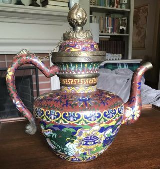 Rare Large Antique Asian / Chinese Brass Cloisonne Flagon Teapot Beasts Nian