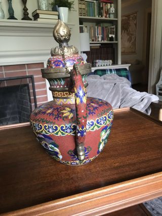 RARE Large Antique Asian / Chinese Brass Cloisonne Flagon Teapot Beasts Nian 2