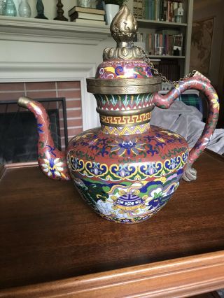 RARE Large Antique Asian / Chinese Brass Cloisonne Flagon Teapot Beasts Nian 3