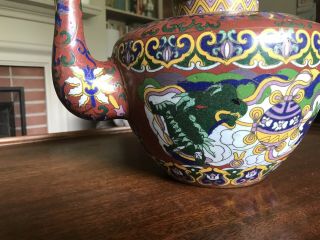 RARE Large Antique Asian / Chinese Brass Cloisonne Flagon Teapot Beasts Nian 4