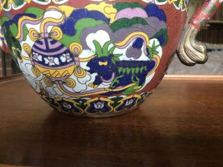RARE Large Antique Asian / Chinese Brass Cloisonne Flagon Teapot Beasts Nian 5