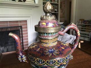 RARE Large Antique Asian / Chinese Brass Cloisonne Flagon Teapot Beasts Nian 6