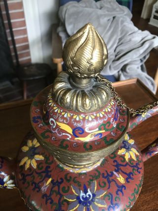 RARE Large Antique Asian / Chinese Brass Cloisonne Flagon Teapot Beasts Nian 7