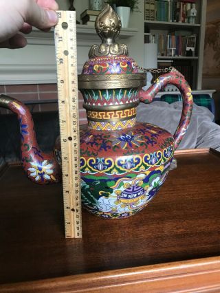 RARE Large Antique Asian / Chinese Brass Cloisonne Flagon Teapot Beasts Nian 9