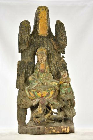 Antique Chinese Multicolored Wooden Carved Statue Guan / Kwan Yin,  Qing,  19th C