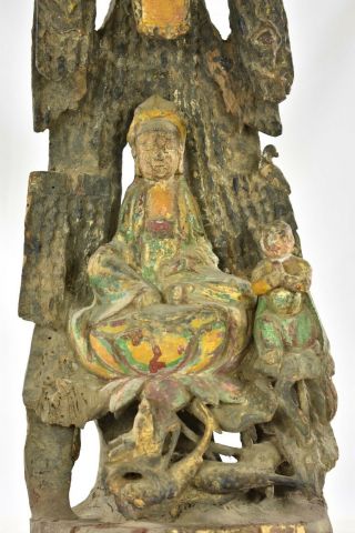 Antique Chinese Multicolored Wooden Carved Statue Guan / Kwan Yin,  Qing,  19th c 2