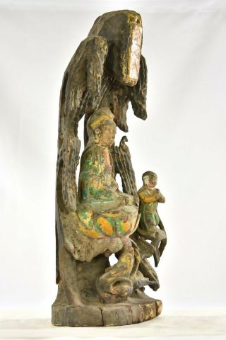 Antique Chinese Multicolored Wooden Carved Statue Guan / Kwan Yin,  Qing,  19th c 3
