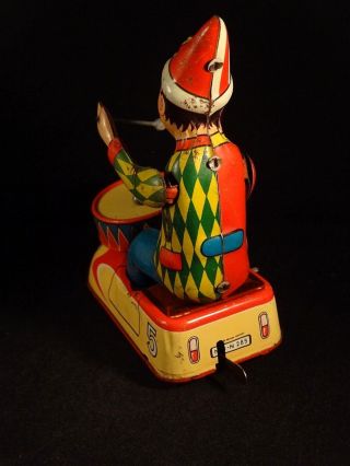 Vintage tin toy wind - up clown circus bump car drum HWN Nuremberg W.  Germany 1950s 4