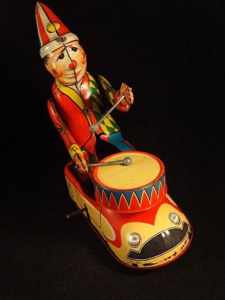 Vintage tin toy wind - up clown circus bump car drum HWN Nuremberg W.  Germany 1950s 5