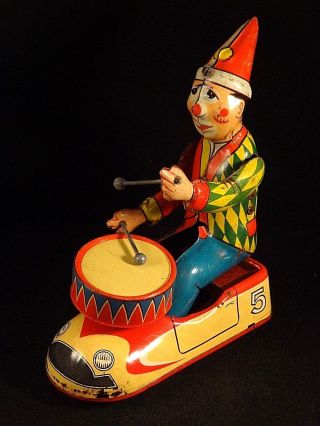 Vintage tin toy wind - up clown circus bump car drum HWN Nuremberg W.  Germany 1950s 6