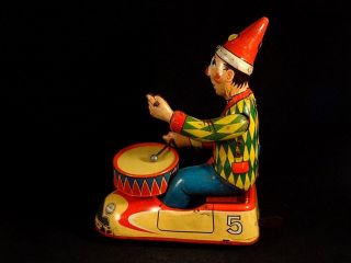 Vintage tin toy wind - up clown circus bump car drum HWN Nuremberg W.  Germany 1950s 9