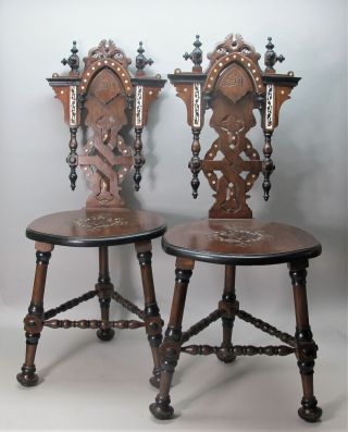 Fine Vintage Persian Syrian Carved & Inlaid Side Chairs C.  1950s Antique
