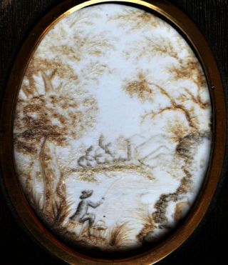 Miniature Georgian Or Napoleonic Hair Art Mourning Memento Fishing Scene C.  1825