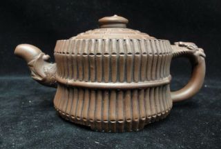 Rare Old Chinese Zisha Pottery Hand Carving Bamboo Teapot With Mark