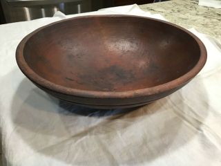 PRIMITIVE WOODEN TURNED OUT OF ROUND DOUGH BOWL WITH RIM AS FOUND 9
