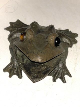 Antique Bronze Frog Glass marble eyes heavy hand cast sculpture fountain spitter 2