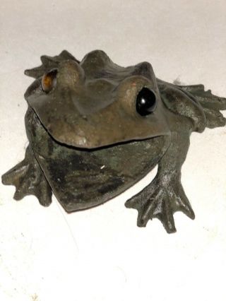 Antique Bronze Frog Glass marble eyes heavy hand cast sculpture fountain spitter 5