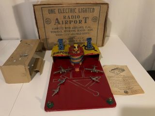 1930’s Marx Radio Airport Playset Tin With Planes & Box & Instructions - -