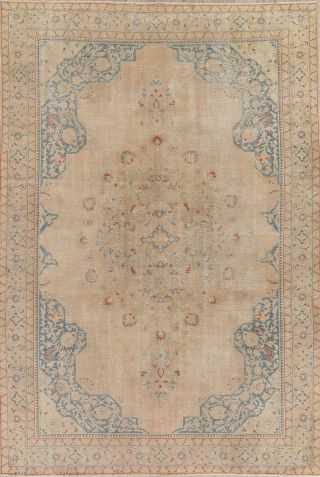 Antique 7x10 Muted Worn Persian Oriental Beige Teal Blue Distressed Area Rug