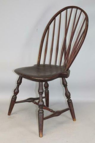 Great 18th C Connecticut Tracy School Windsor Brace Back Chair In Old Red Paint