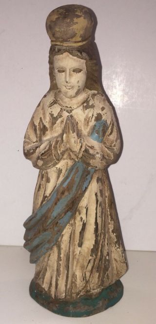 Antique 19th C.  Carved Wooden Santos Figure Statue Signed N M 12 In
