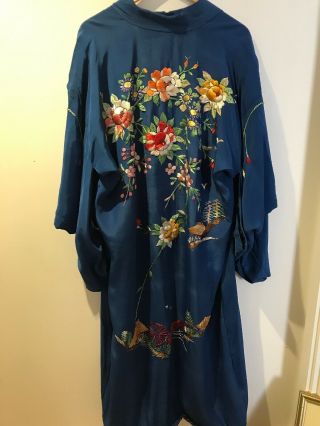 Gorgeous 1920s Antique/vintage Japanese Hand Embroidered Royal Blue Silk Kimono