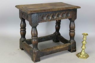 Very Rare 17th C Pilgrim Joint Stool In Oak Carved Aprons Old Surface