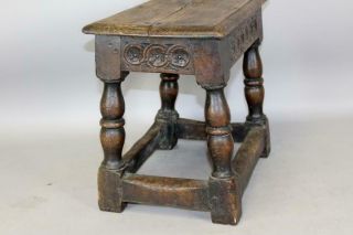 VERY RARE 17TH C PILGRIM JOINT STOOL IN OAK CARVED APRONS OLD SURFACE 2